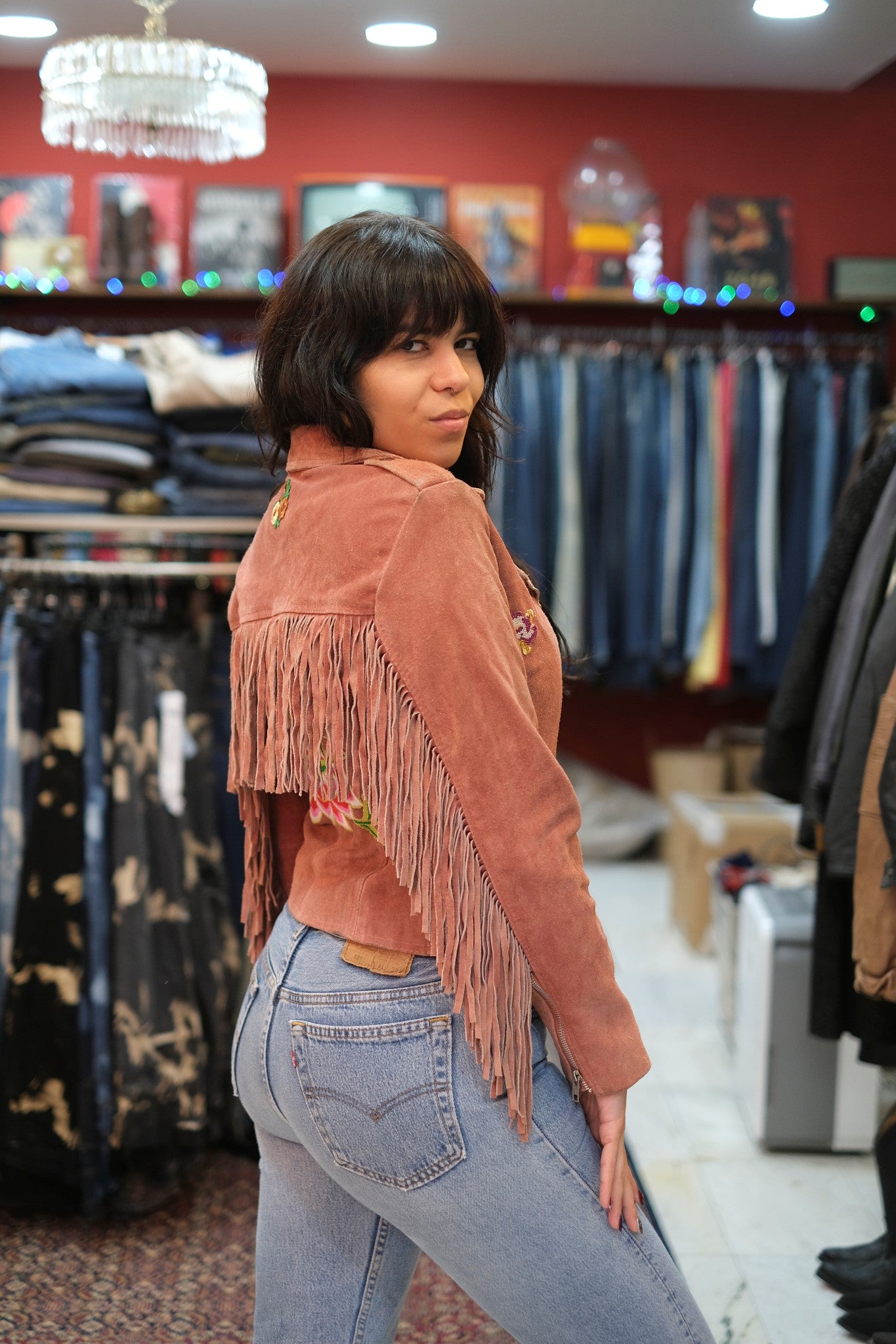 Ragyard genuine suede jacket with fringe and embroidered detailing (S)