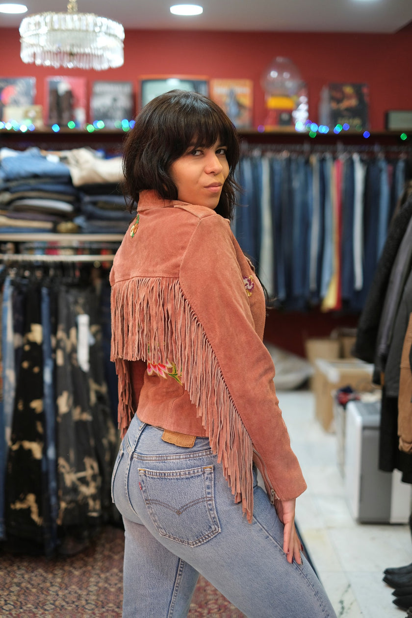 Ragyard genuine suede jacket with fringe and embroidered detailing (S)