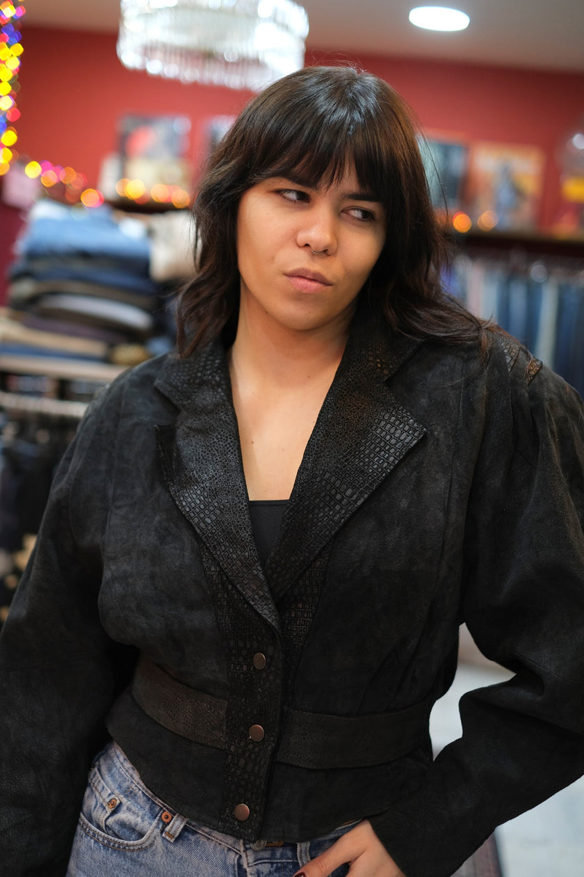 Vintage black fitted statement genuine suede jacket with croc print texture (S/M)