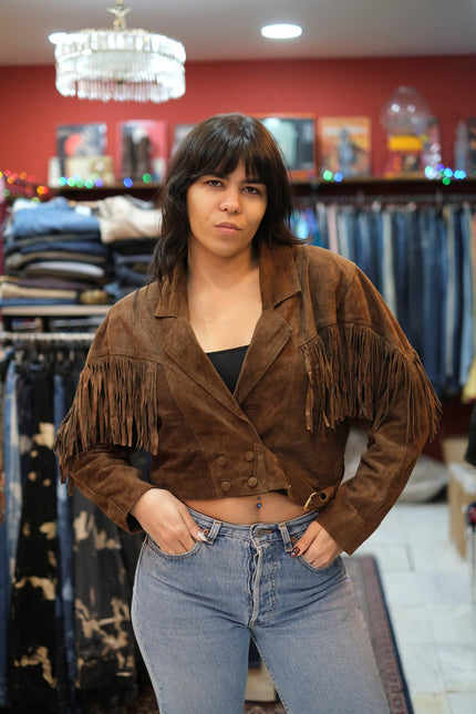 Vintage cropped dark brown western style jacket with fringe (S/M)
