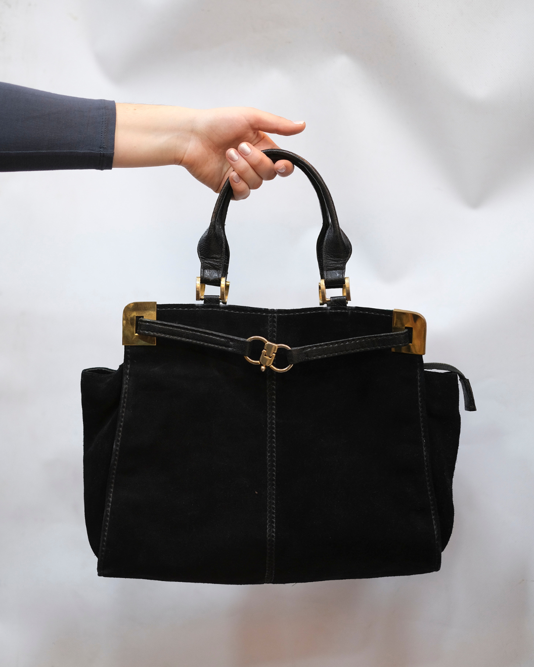 Vintage black suede top handle handbasg with gold hardware