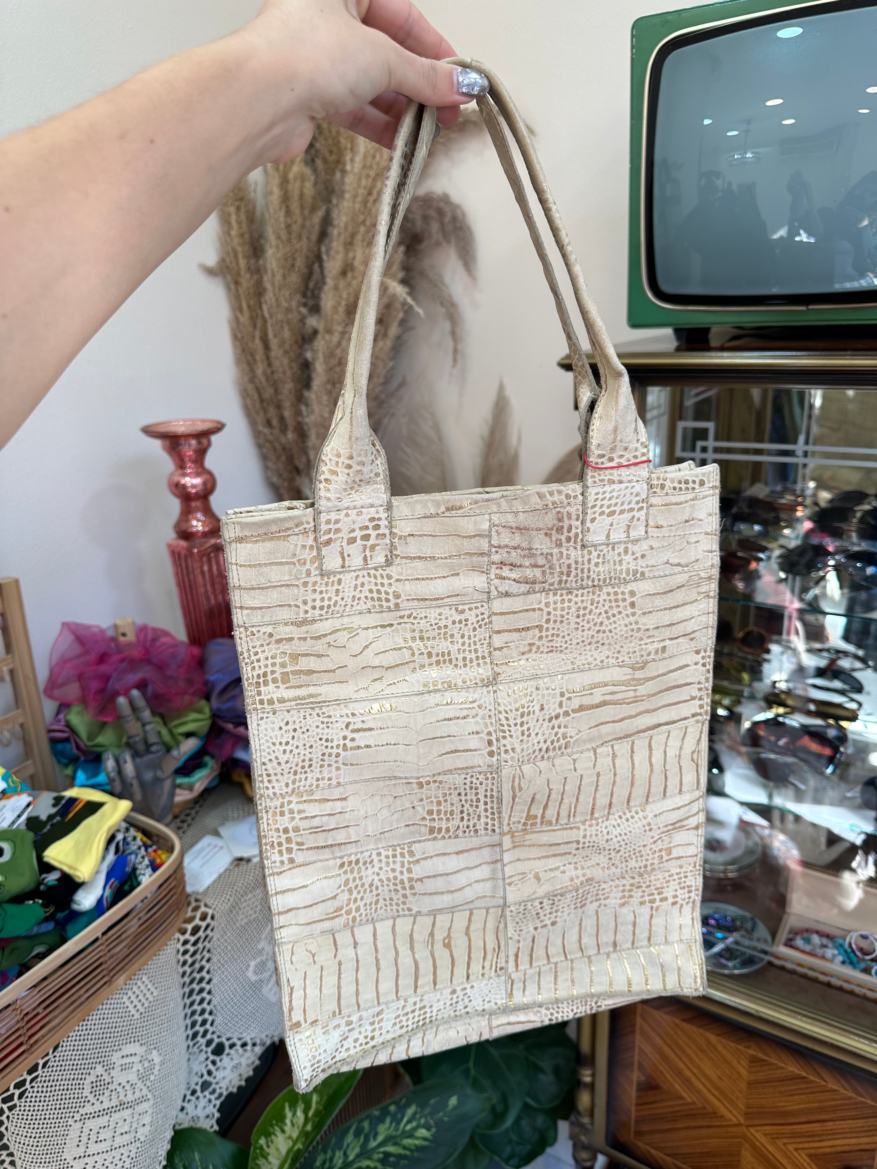 Vintage gold leather tote bag