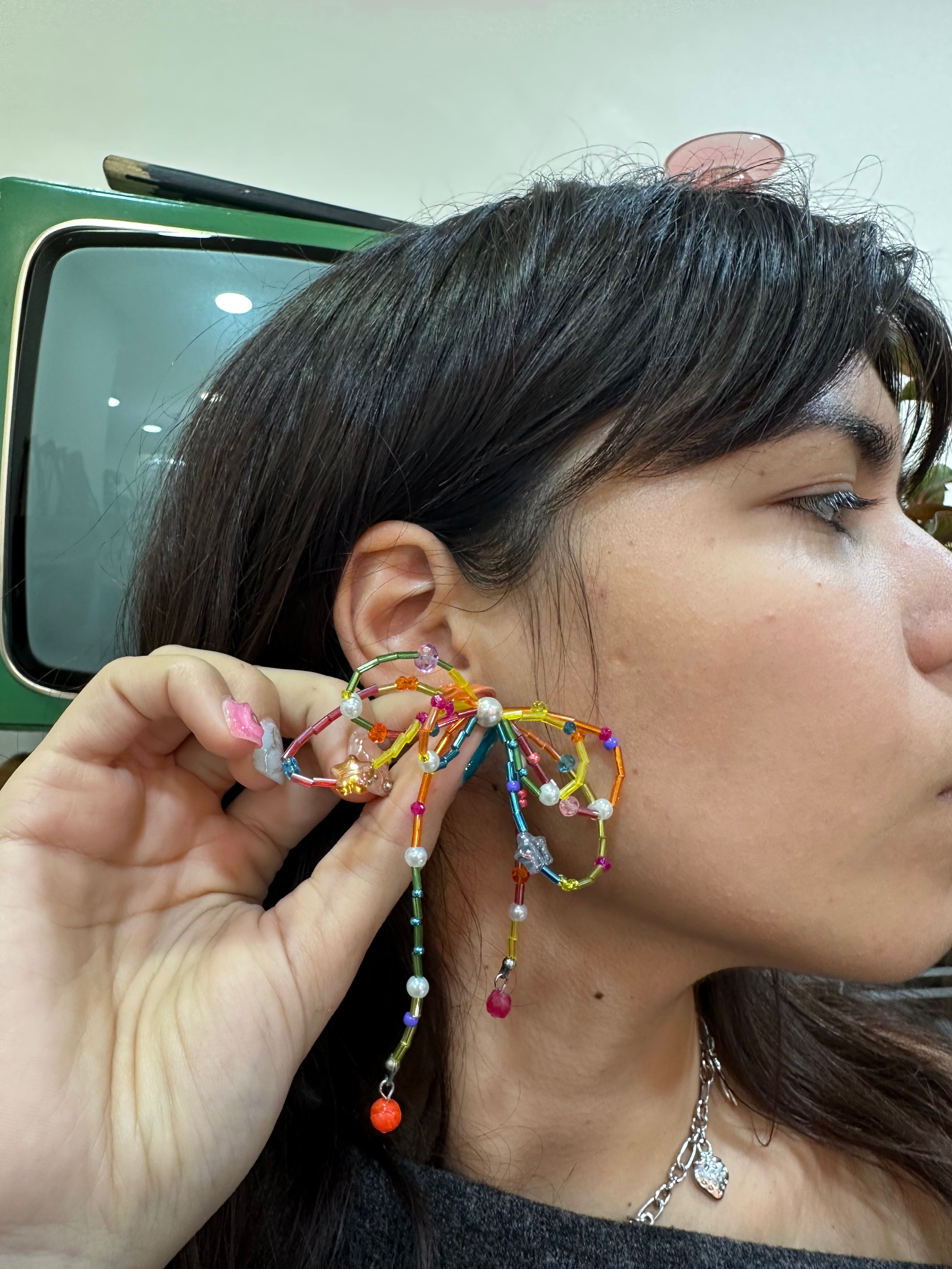 Handmade colourful beaded bow earrings