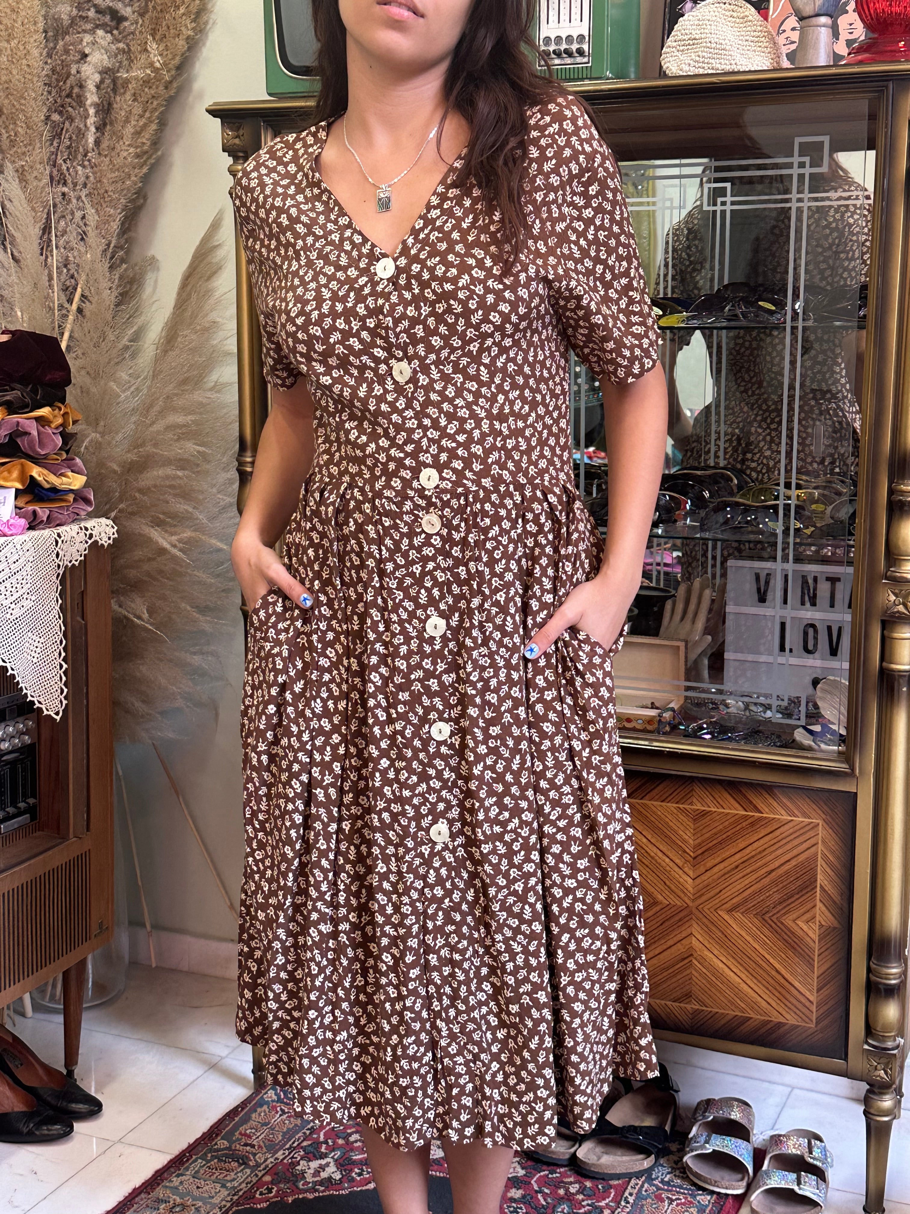 Vintage brown floral button up dress