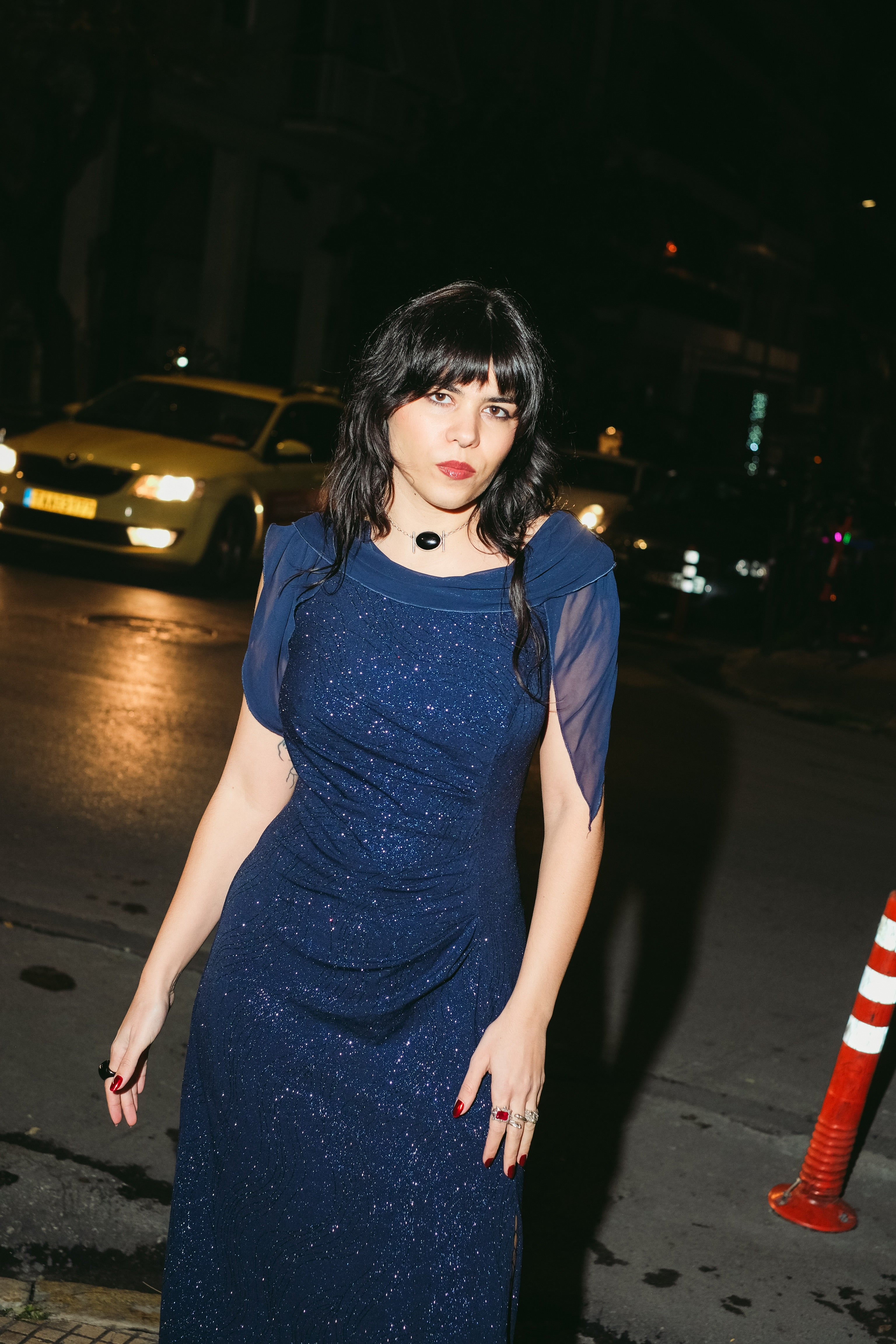 Vintage navy glitter evening gown with sheer shawl sleeves (XL)