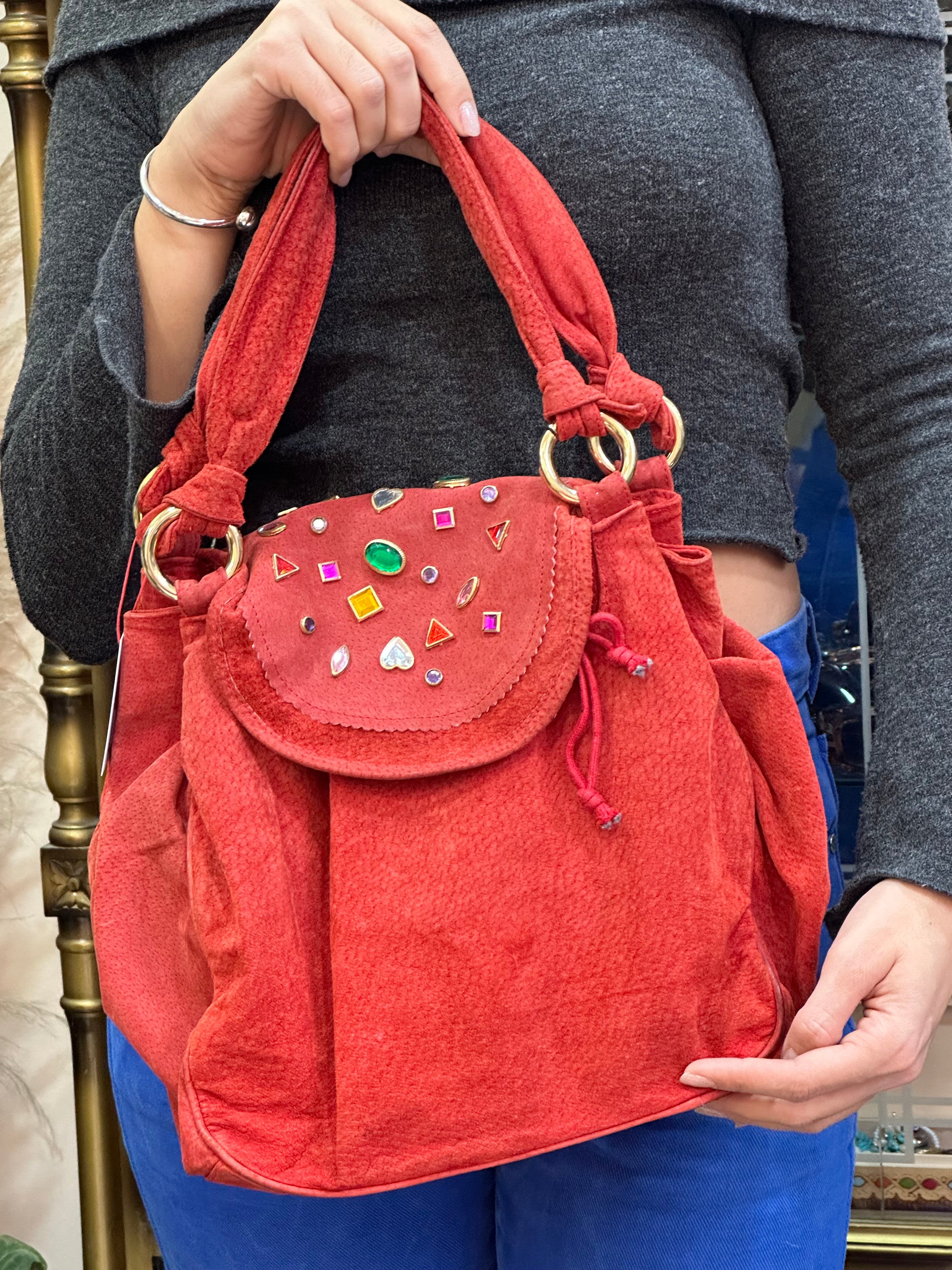 Vintage red suede bag with gem stones