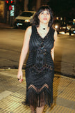 Stunning black beaded & sequin fringe flapper dress (M)