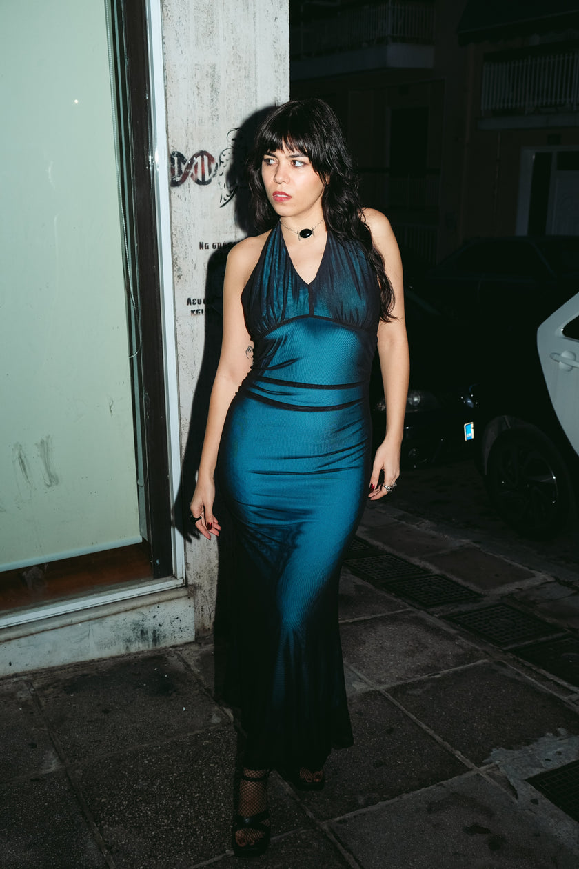 Vintage sleek backless evening gown with halter neckline & mesh overlay (L/XL)