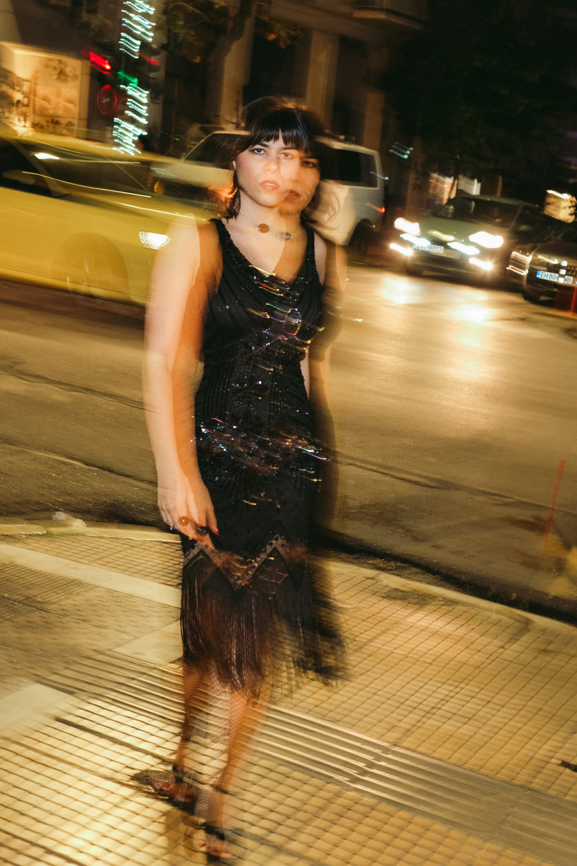 Stunning black beaded & sequin fringe flapper dress (M)