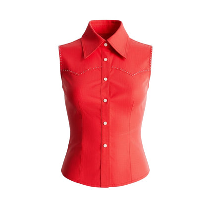 Red sleeveless western snap button shirt (S)