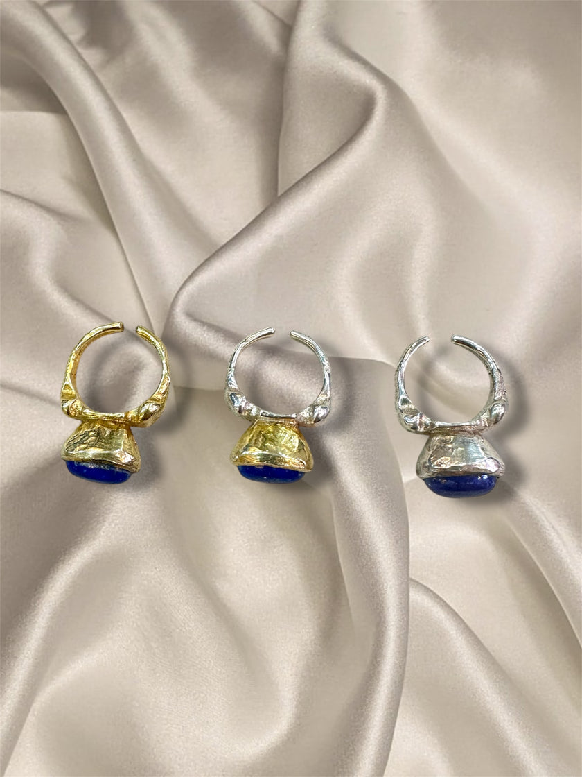 Kimilio Pompei gold plated silver 925 ring with Lapis Lazuli stone (open back - adjustable size)