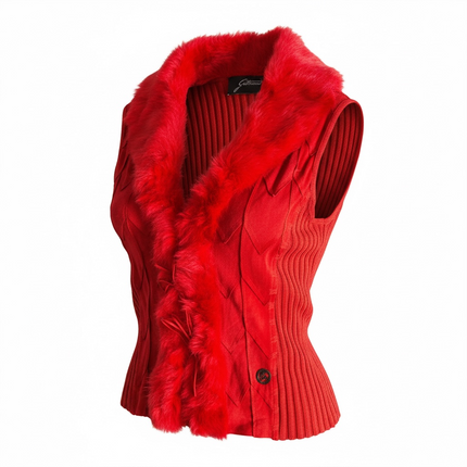 Stunning vintage knit vest with genuine suede and real fur collar (S)