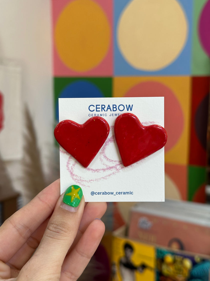 Cerabow handmade red heart earrings