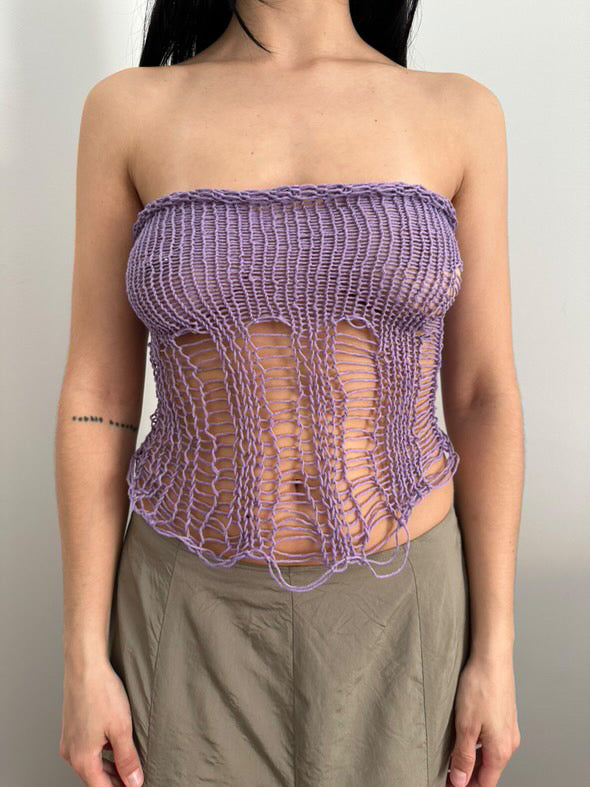 Handmade knit distressed top in lilac