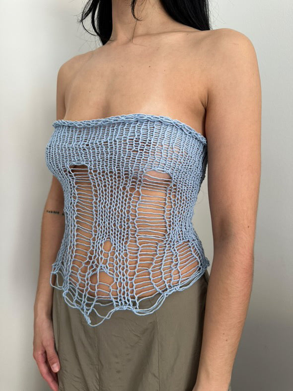 Super hot handmade knit distressed top in baby blue