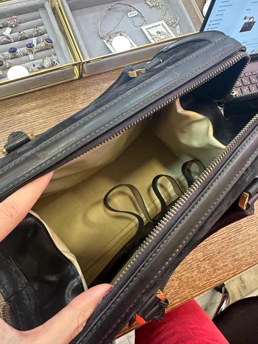 Vintage black suede & letaher structured top handle bag with gold hardwear