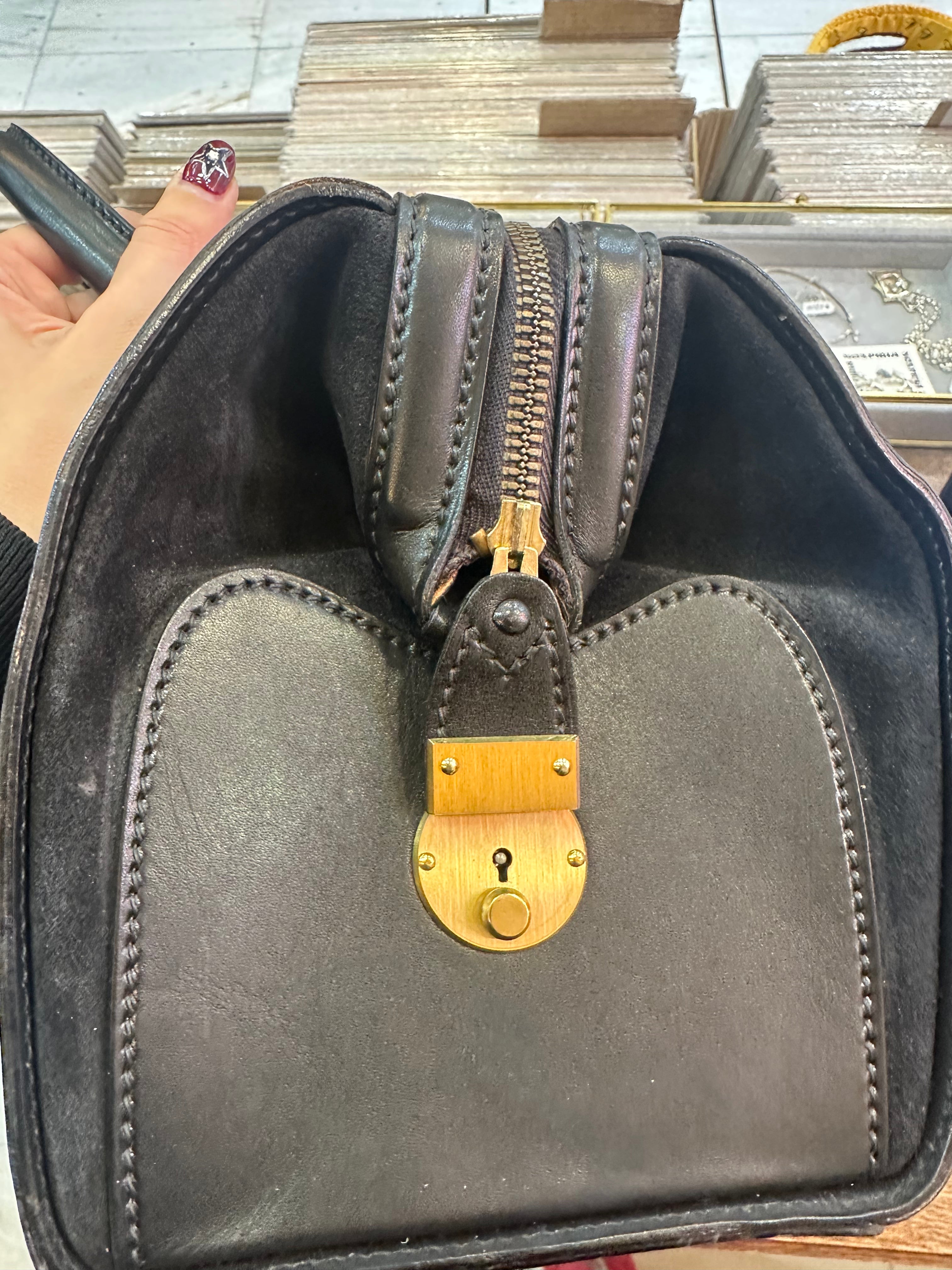 Vintage black suede & letaher structured top handle bag with gold hardwear