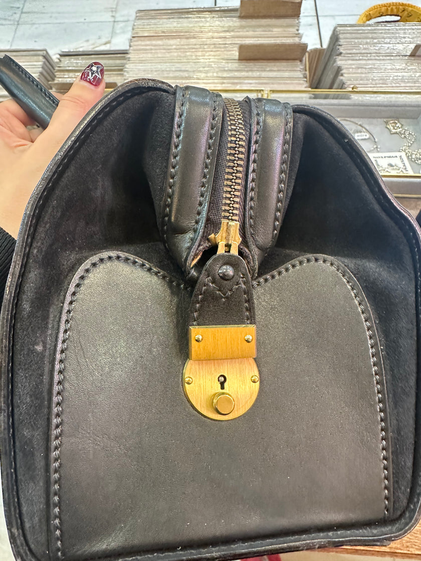 Vintage black suede & letaher structured top handle bag with gold hardwear