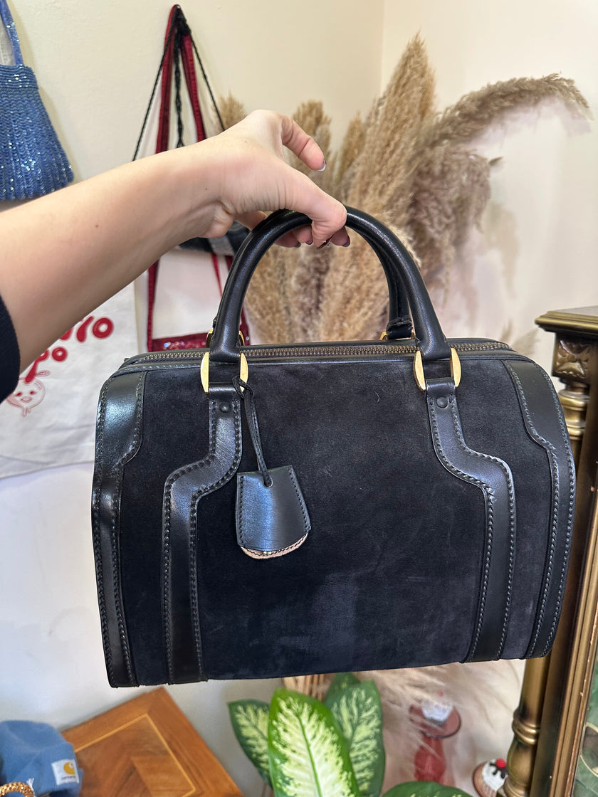 Vintage black suede & letaher structured top handle bag with gold hardwear