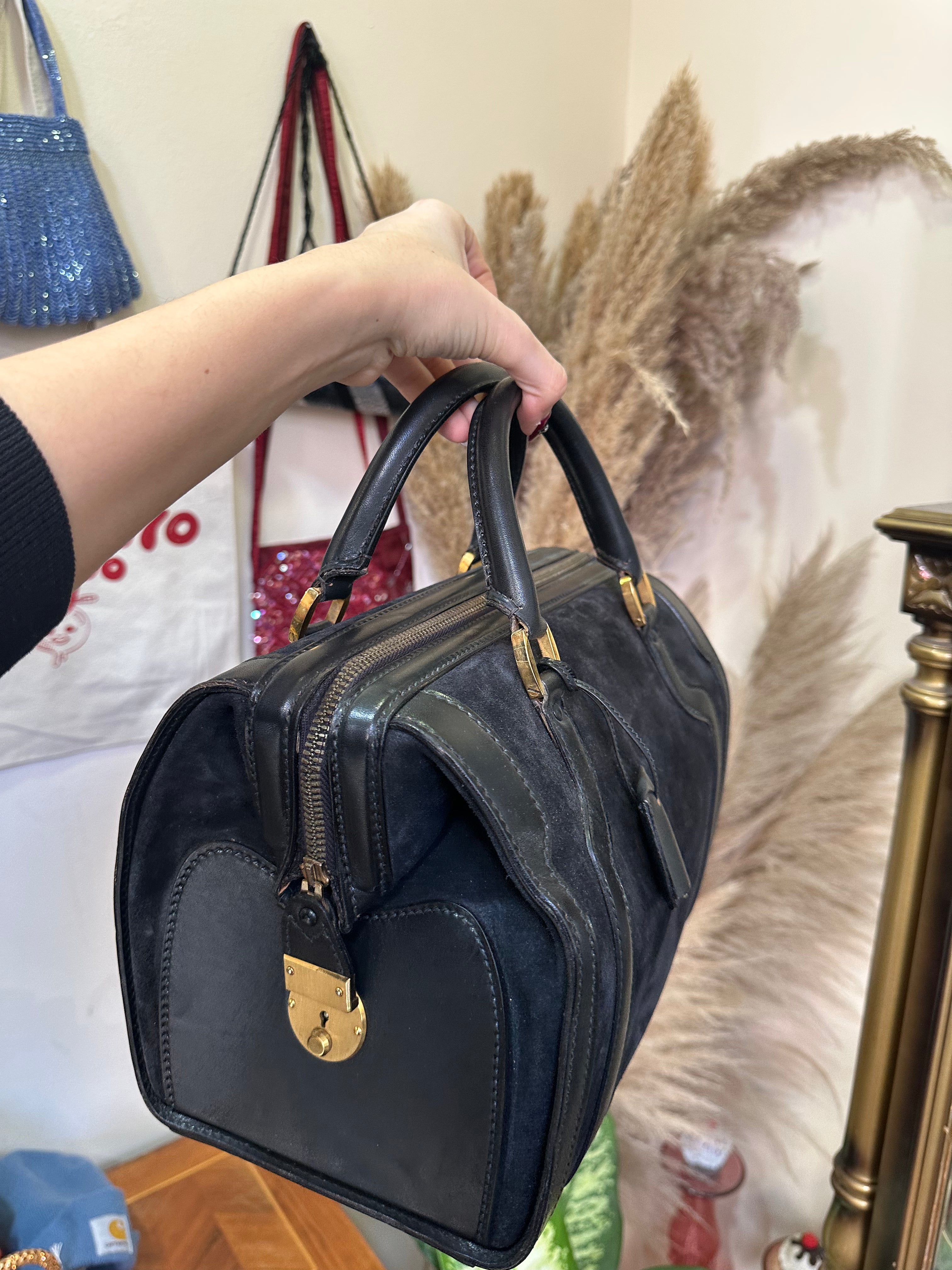 Vintage black suede & letaher structured top handle bag with gold hardwear