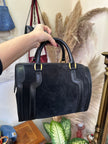 Vintage black suede & letaher structured top handle bag with gold hardwear