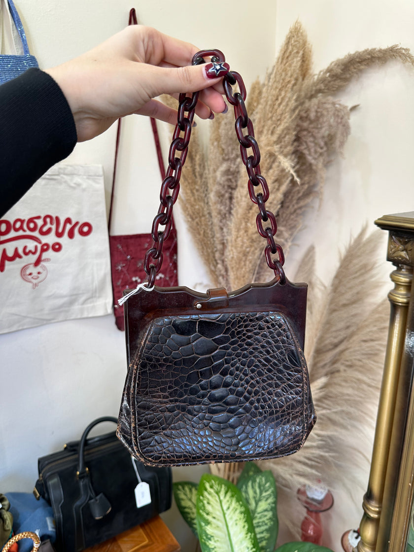 Vintage Croc-Embossed Leather Bag with Tortoiseshell Lucite Chain Handle