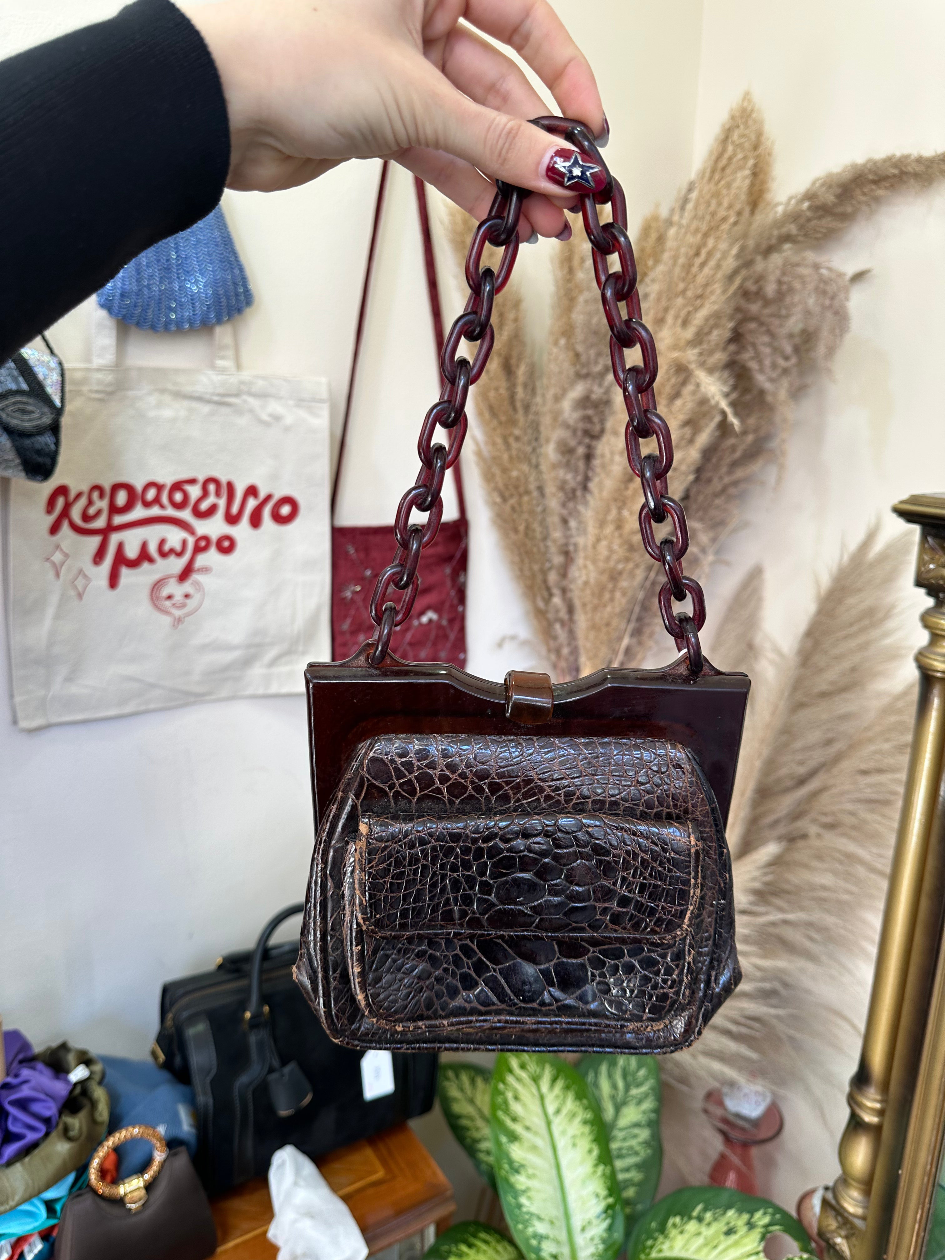 Vintage Croc-Embossed Leather Bag with Tortoiseshell Lucite Chain Handle