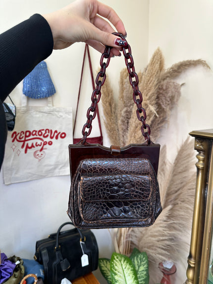 Vintage Croc-Embossed Leather Bag with Tortoiseshell Lucite Chain Handle