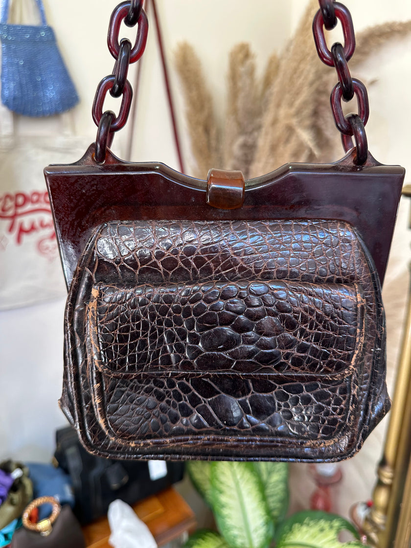 Vintage Croc-Embossed Leather Bag with Tortoiseshell Lucite Chain Handle