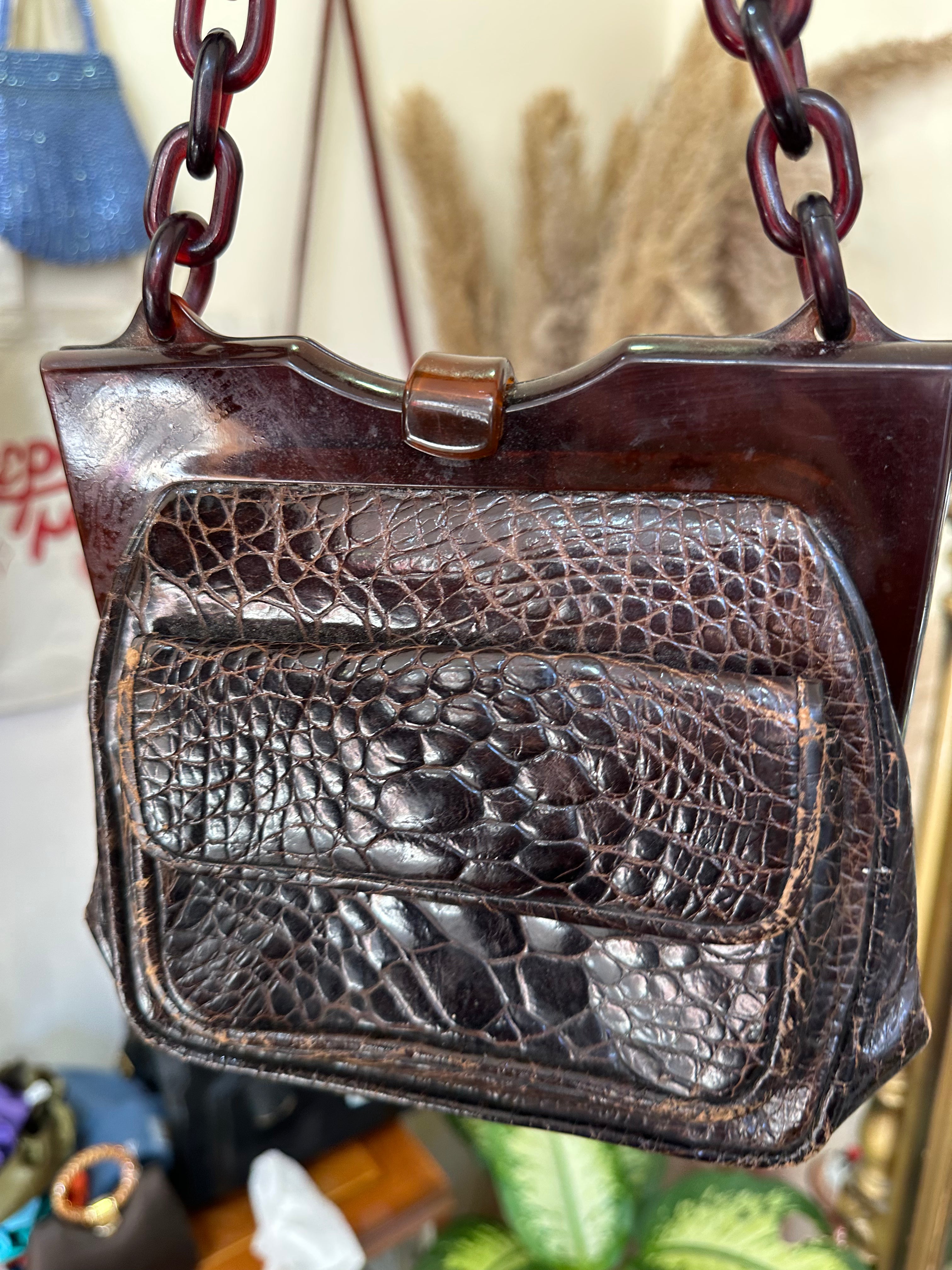 Vintage Croc-Embossed Leather Bag with Tortoiseshell Lucite Chain Handle