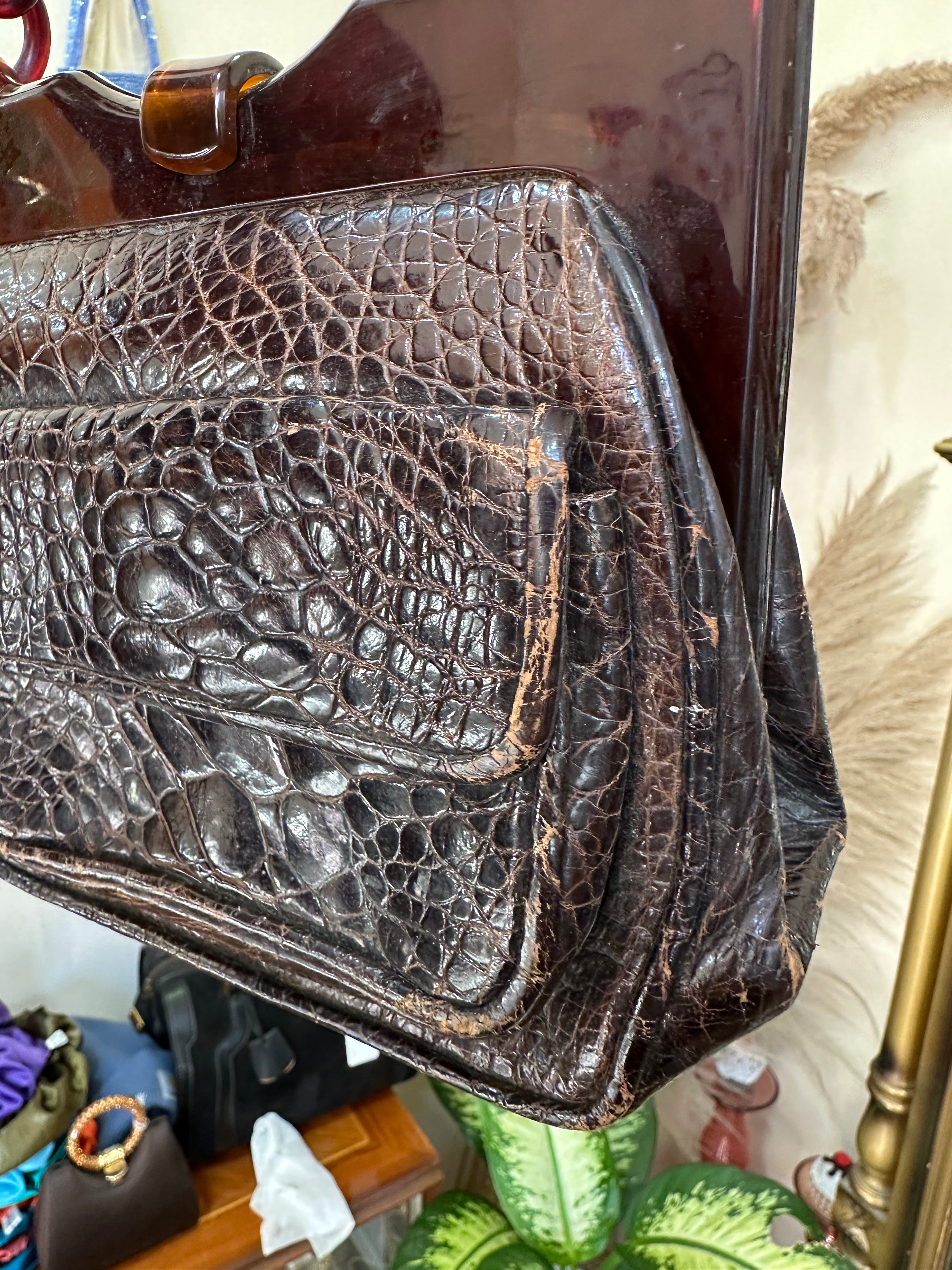 Vintage Croc-Embossed Leather Bag with Tortoiseshell Lucite Chain Handle