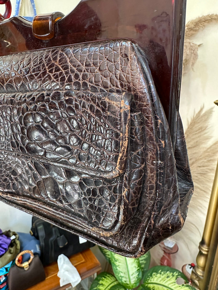 Vintage Croc-Embossed Leather Bag with Tortoiseshell Lucite Chain Handle