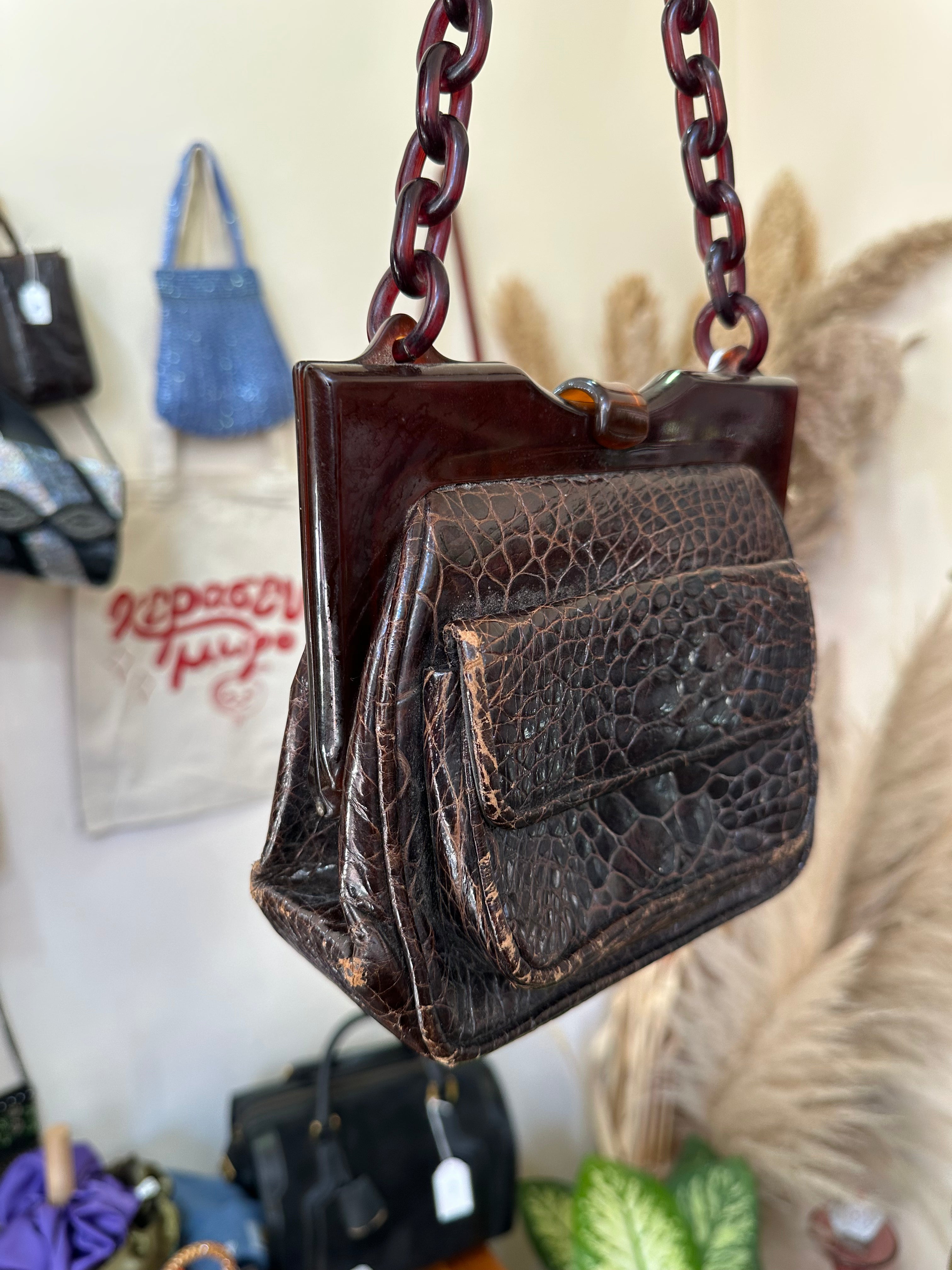 Vintage Croc-Embossed Leather Bag with Tortoiseshell Lucite Chain Handle