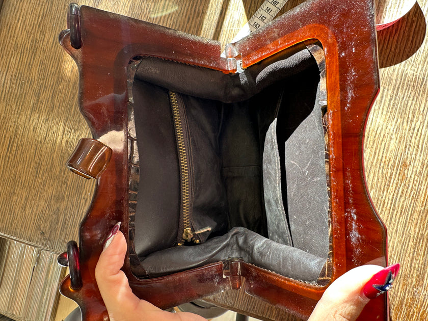 Vintage Croc-Embossed Leather Bag with Tortoiseshell Lucite Chain Handle