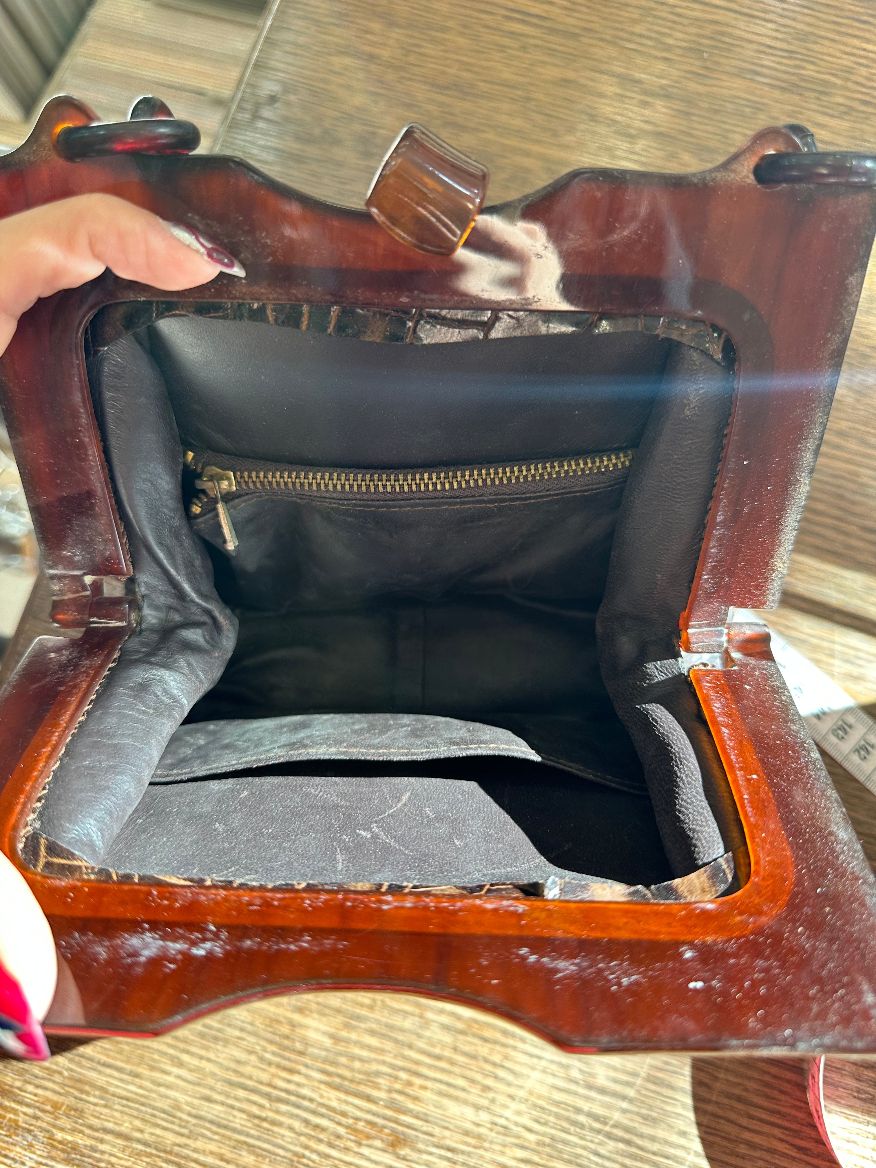 Vintage Croc-Embossed Leather Bag with Tortoiseshell Lucite Chain Handle