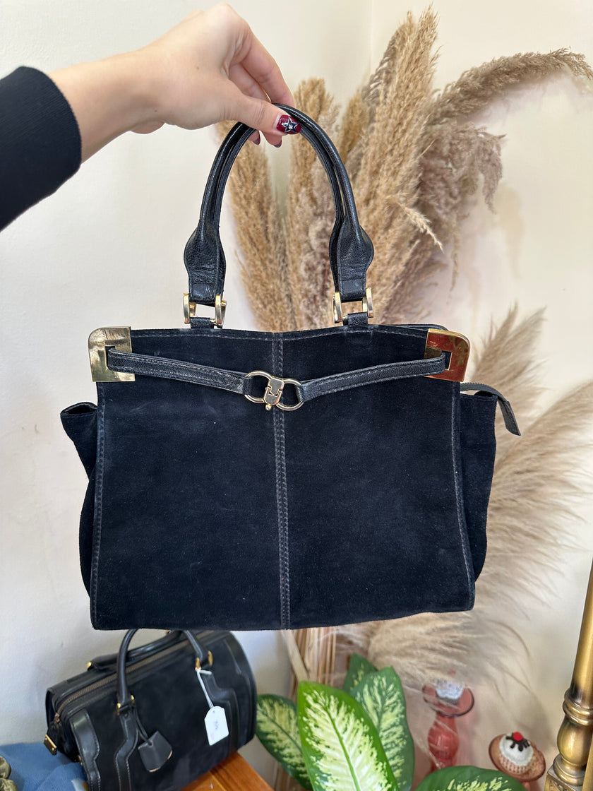Vintage black suede top handle handbasg with gold hardware