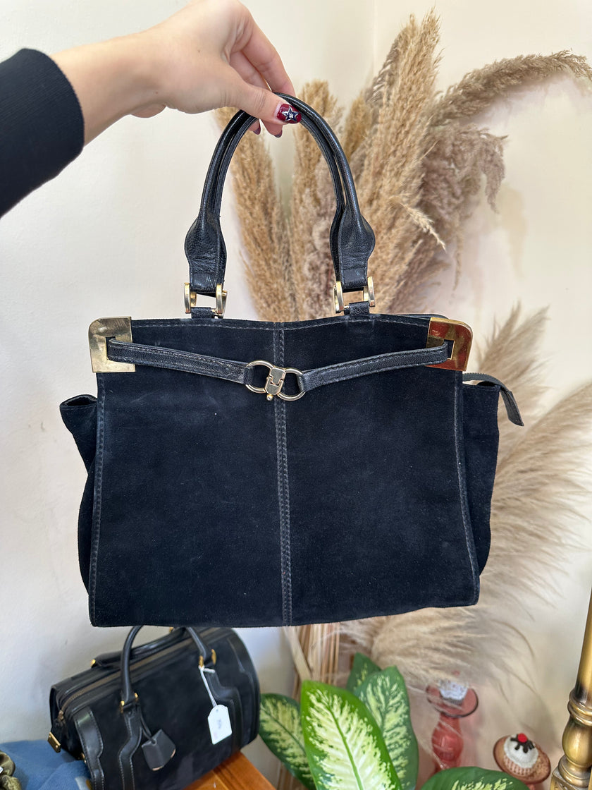 Vintage black suede top handle handbasg with gold hardware