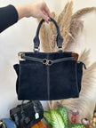 Vintage black suede top handle handbasg with gold hardware