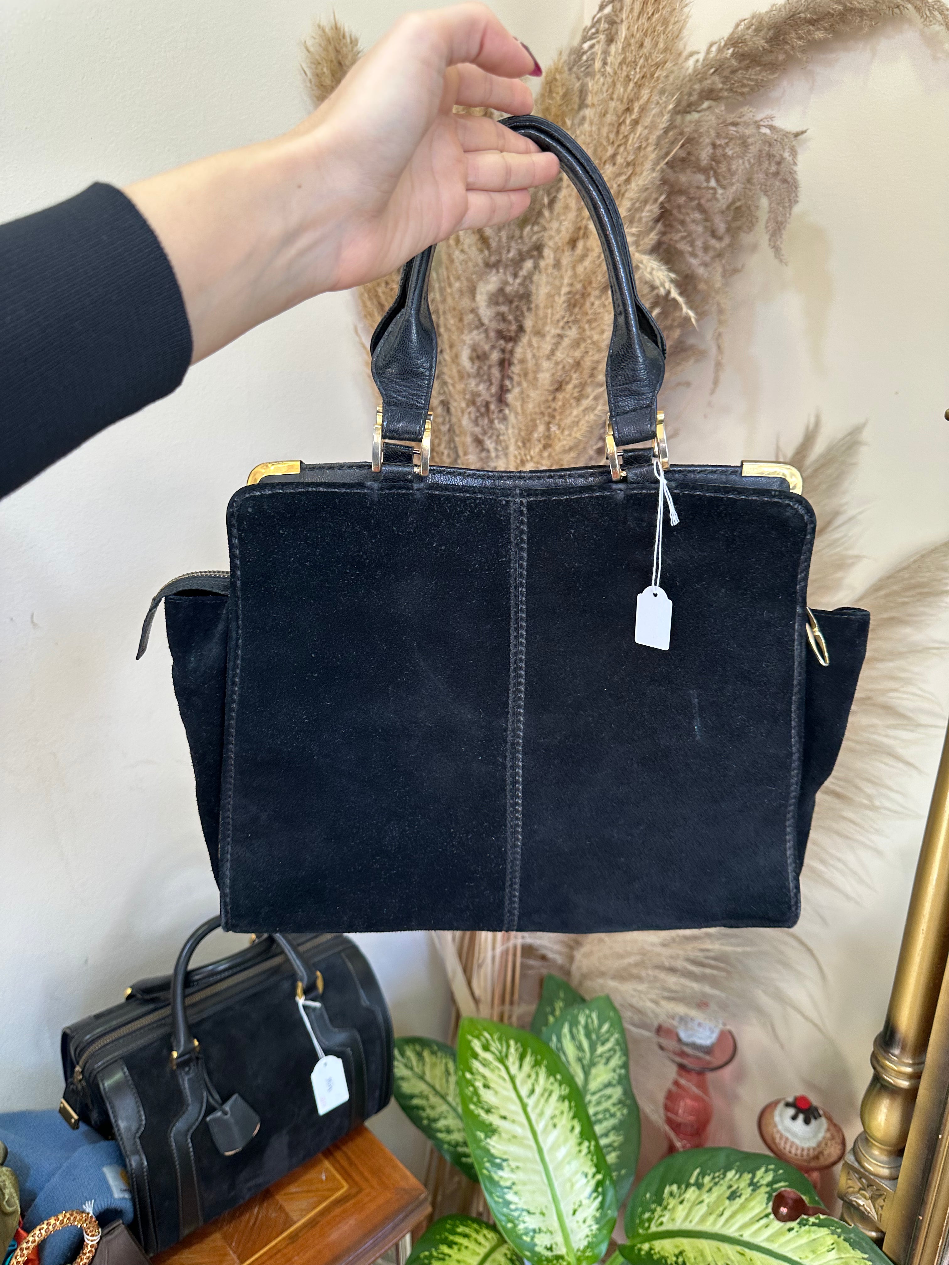 Vintage black suede top handle handbasg with gold hardware