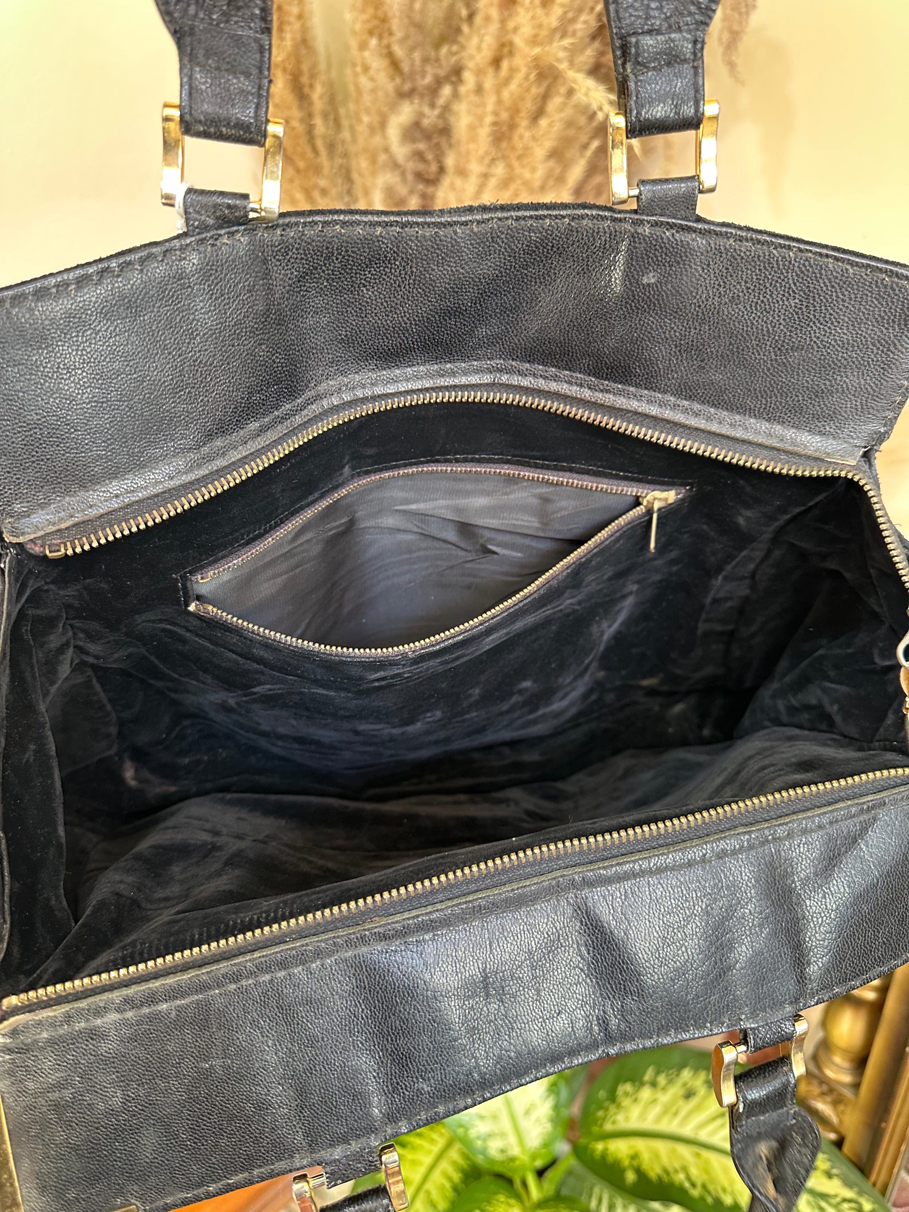 Vintage black suede top handle handbasg with gold hardware
