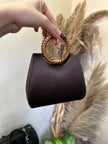 Stuart Weitzman crystal ring handle mini brown satin evening bag