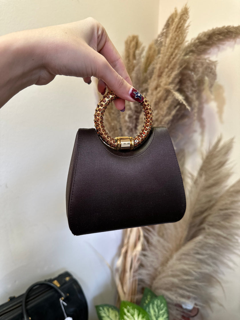 Stuart Weitzman crystal ring handle mini brown satin evening bag