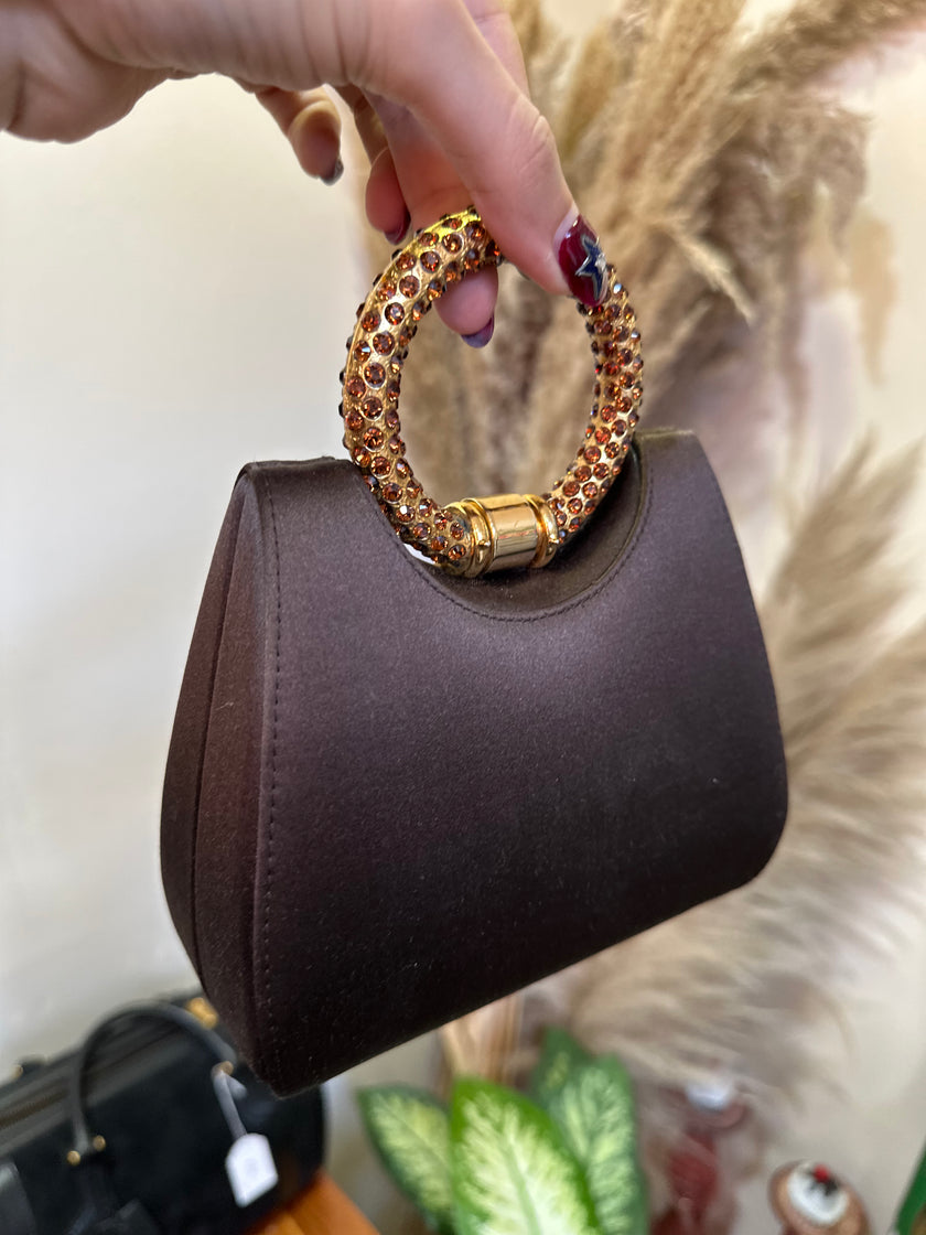 Stuart Weitzman crystal ring handle mini brown satin evening bag