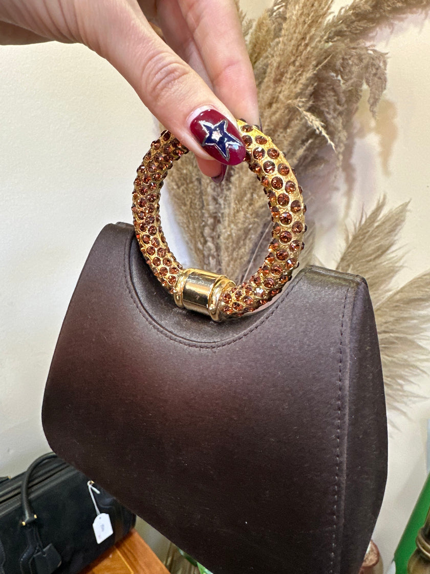 Stuart Weitzman crystal ring handle mini brown satin evening bag