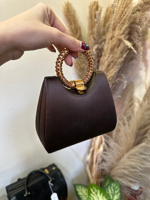 Stuart Weitzman crystal ring handle mini brown satin evening bag