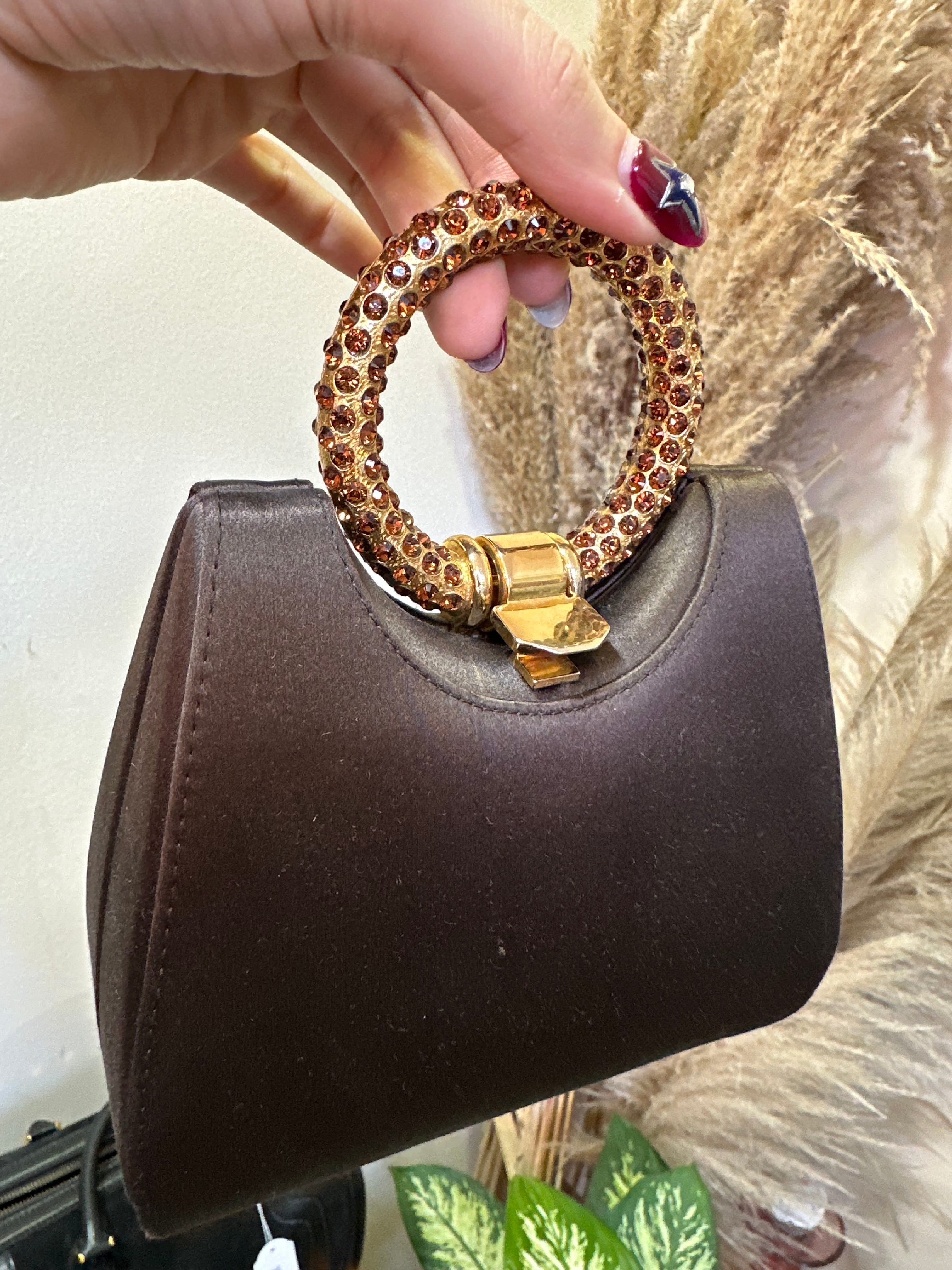 Stuart Weitzman crystal ring handle mini brown satin evening bag