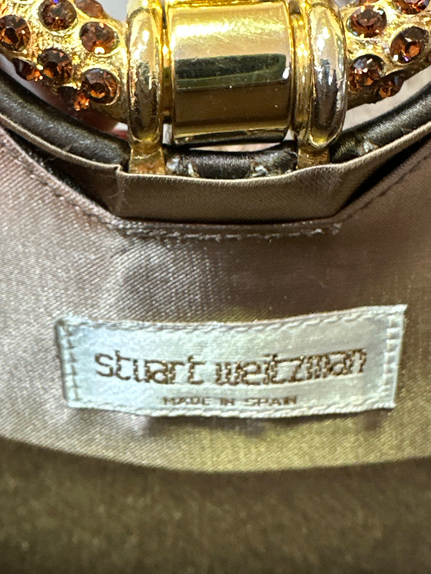 Stuart Weitzman crystal ring handle mini brown satin evening bag