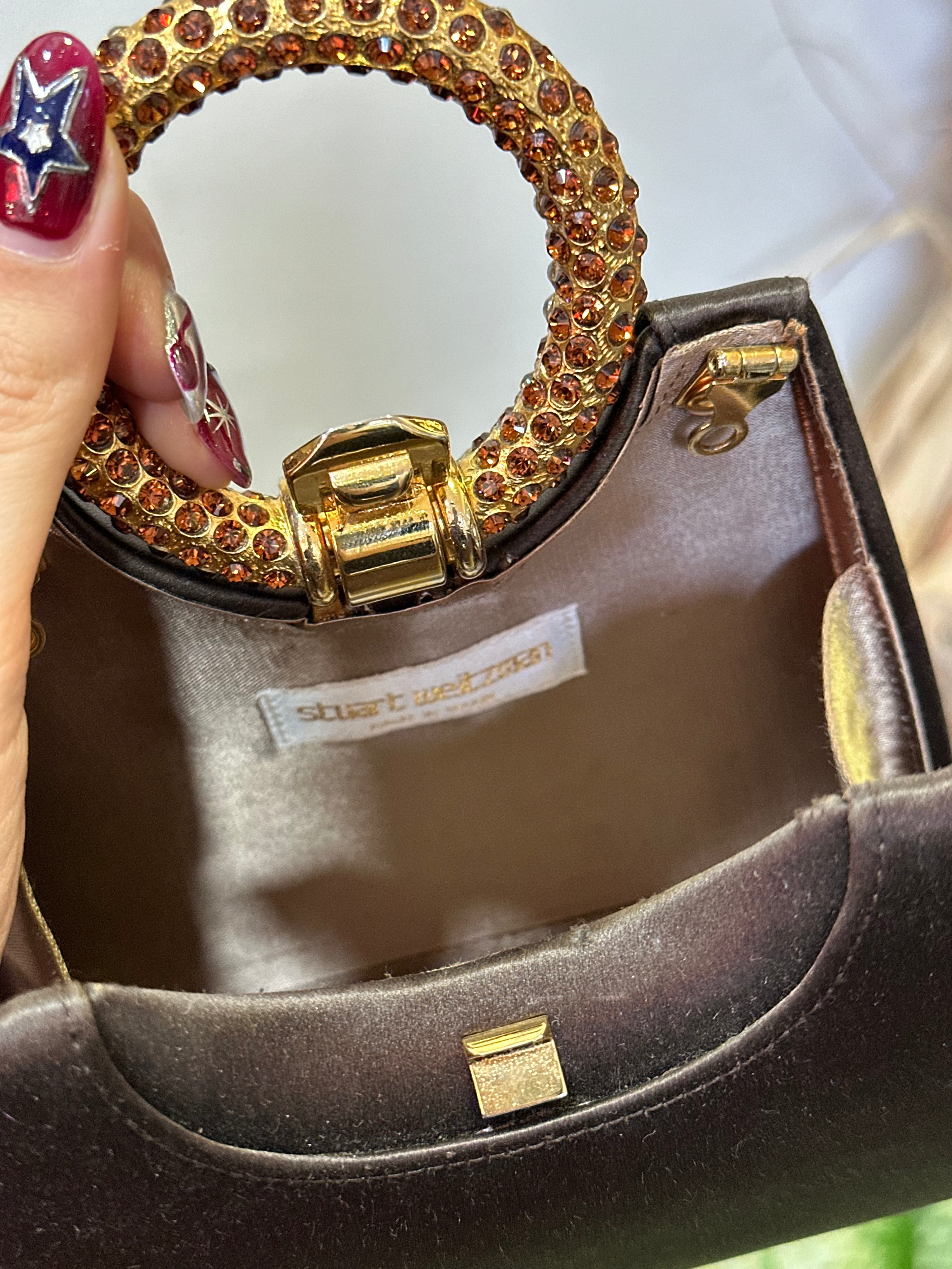Stuart Weitzman crystal ring handle mini brown satin evening bag