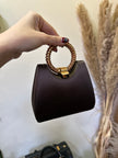 Stuart Weitzman crystal ring handle mini brown satin evening bag