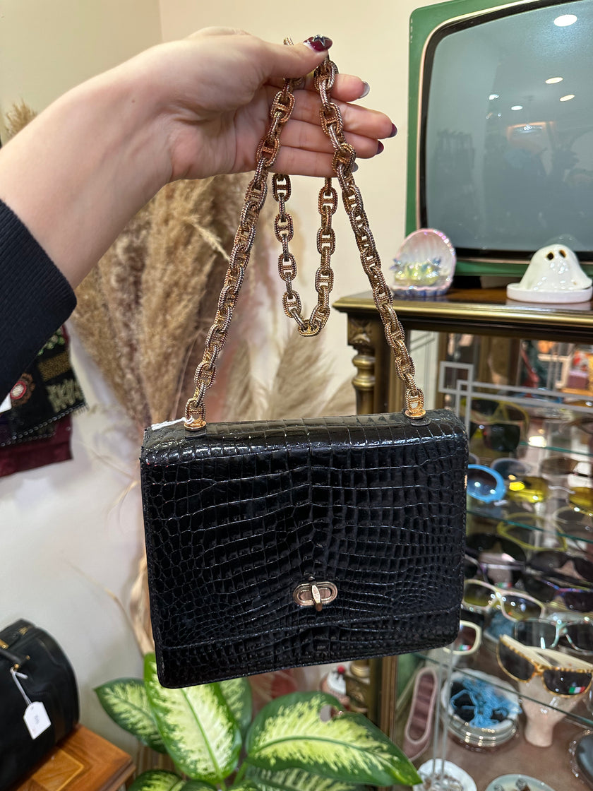 Vintage Black Croc-Embossed Leather Shoulder Bag with Gold Chain